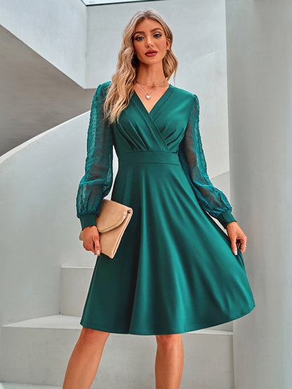 Trend V-Neck Solid Color Jacquard Dress