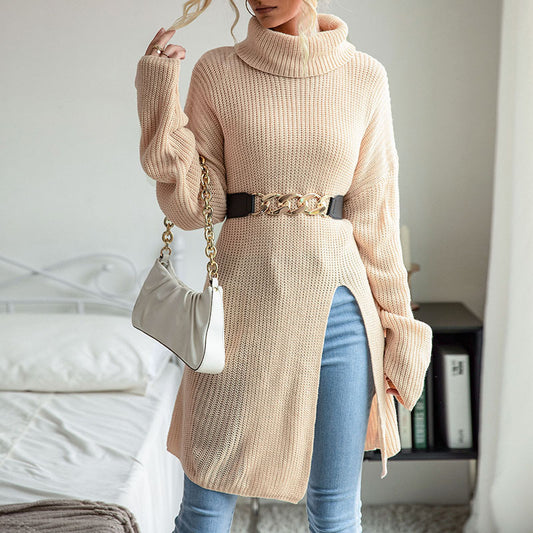 Solid Color Slit Long Sleeve Turtleneck Sweater Dress